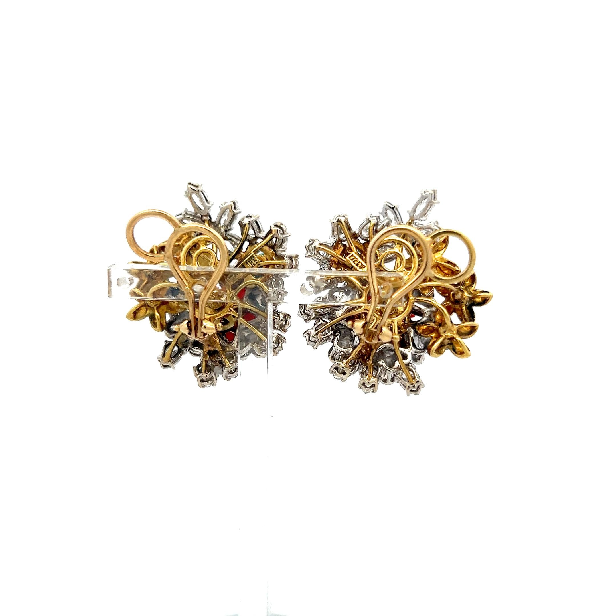 18K Two Tone Gold Clip On Earrings with 4.5 Carat Diamonds & 0.3 Carat Emerald