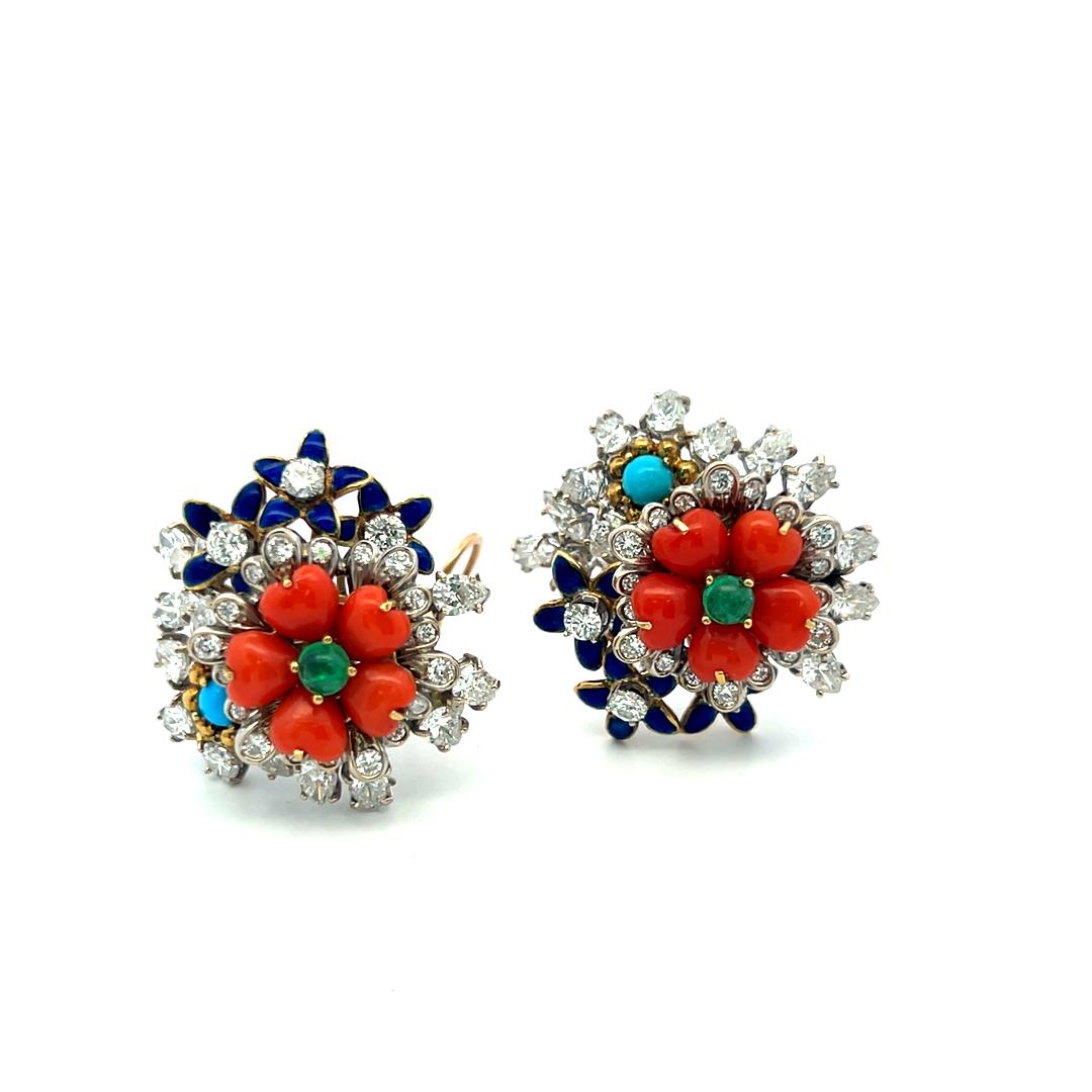 18K Two Tone Gold Clip On Earrings with 4.5 Carat Diamonds & 0.3 Carat Emerald