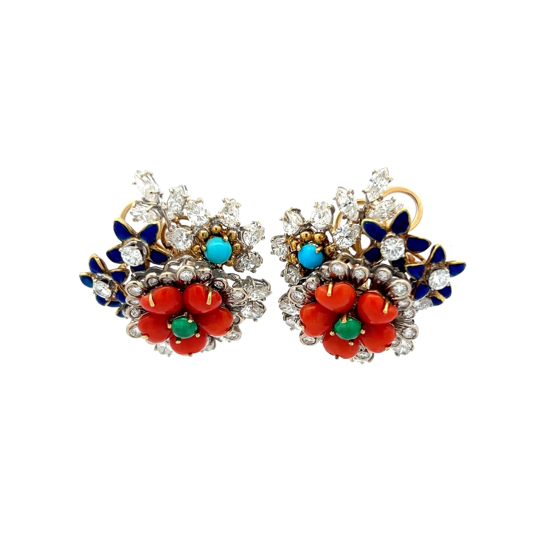 18K Two Tone Gold Clip On Earrings with 4.5 Carat Diamonds & 0.3 Carat Emerald