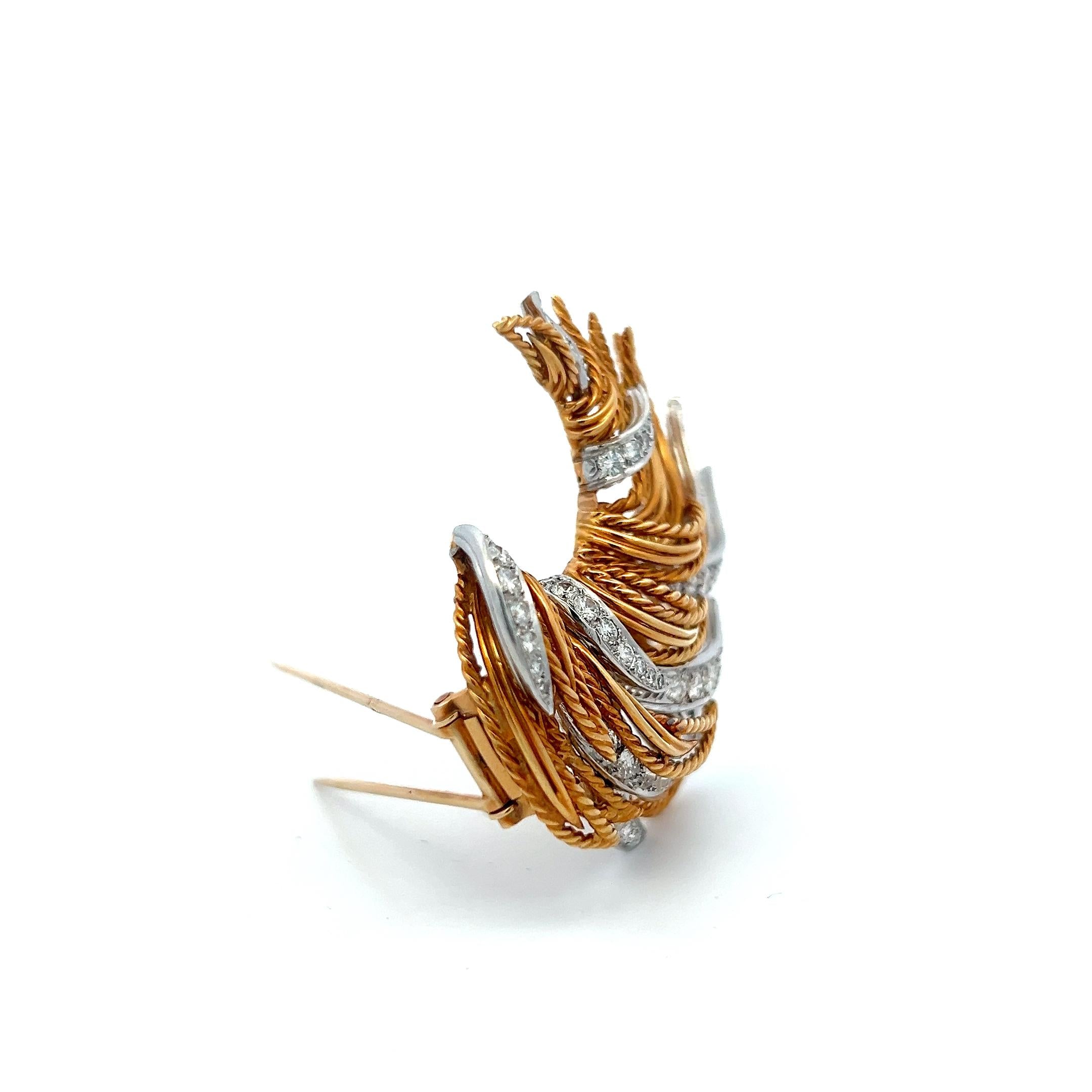 Two Tone Gold Platinum Pin Brooch with 2.2 Carat Round F VS Diamonds