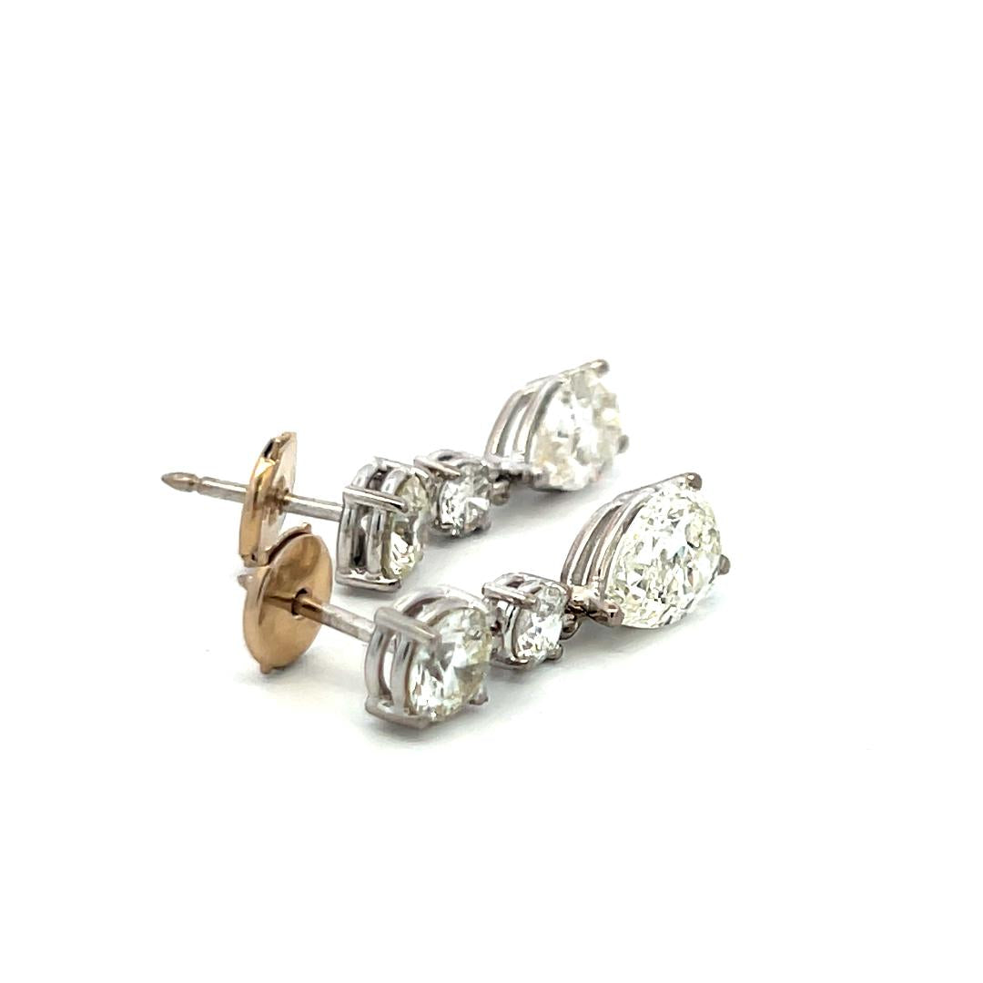 Vintage 5.62 Carat Pear And Round Diamonds 18 Karat White Gold Drop Earrings