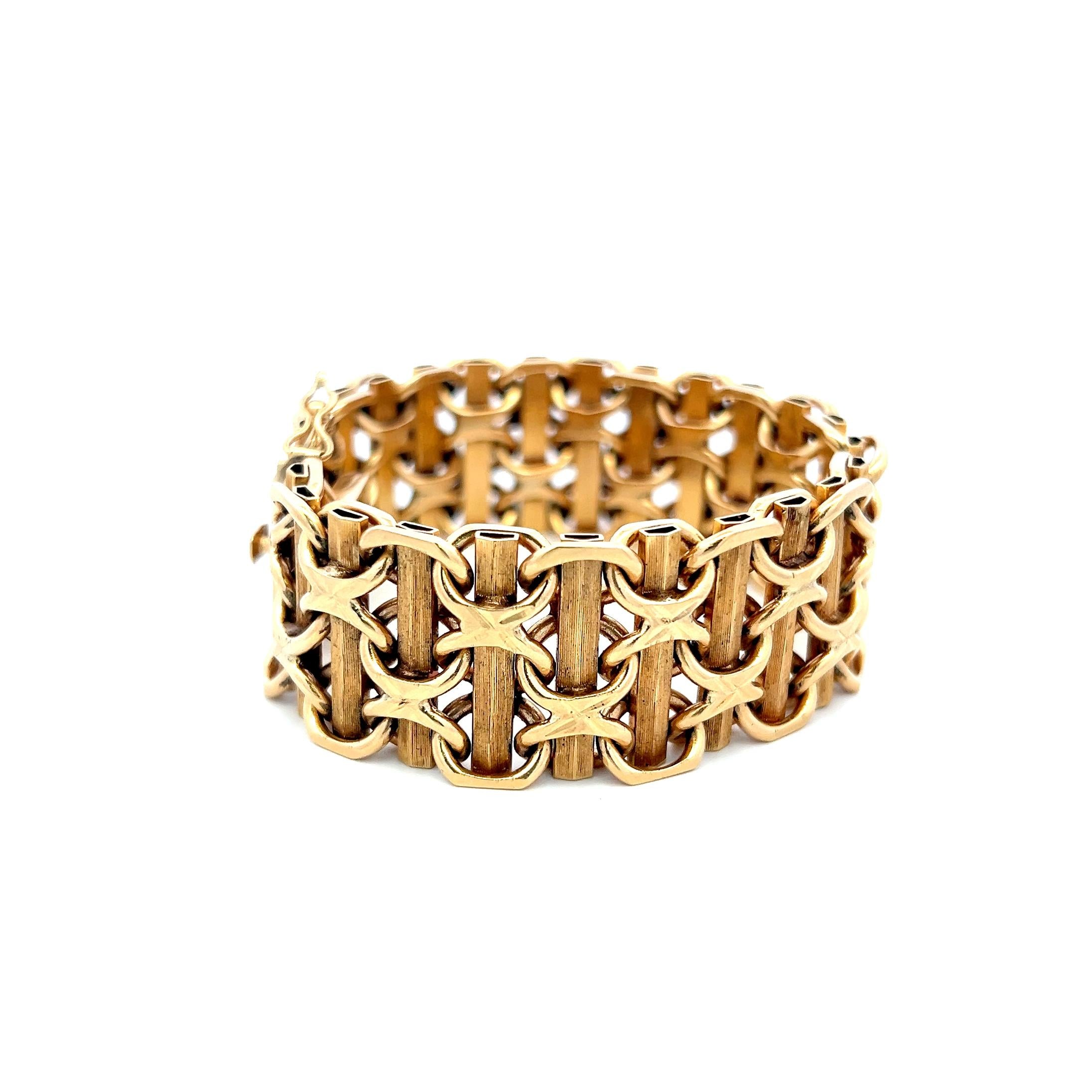 Vintage Fancy 14 Karat Yellow Gold Wide X-Link Bracelet 84.6 Grams