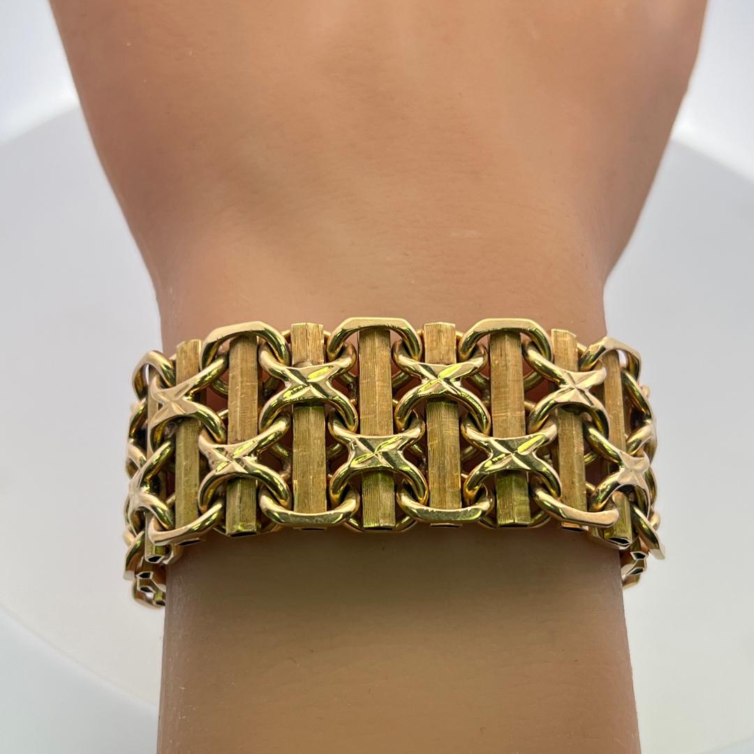 Vintage Fancy 14 Karat Yellow Gold Wide X-Link Bracelet 84.6 Grams