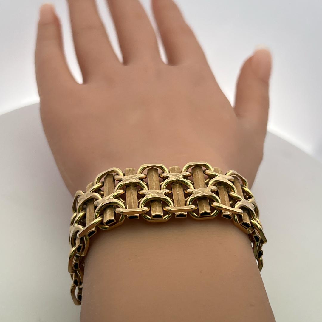 Vintage Fancy 14 Karat Yellow Gold Wide X-Link Bracelet 84.6 Grams