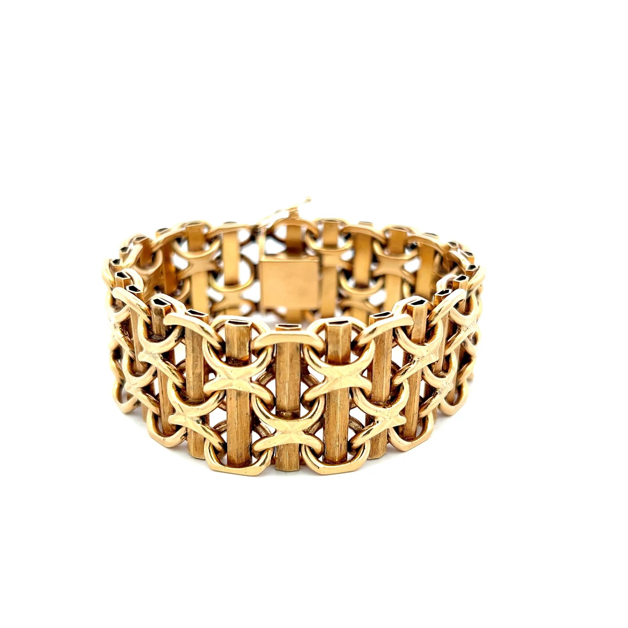Vintage Fancy 14 Karat Yellow Gold Wide X-Link Bracelet 84.6 Grams