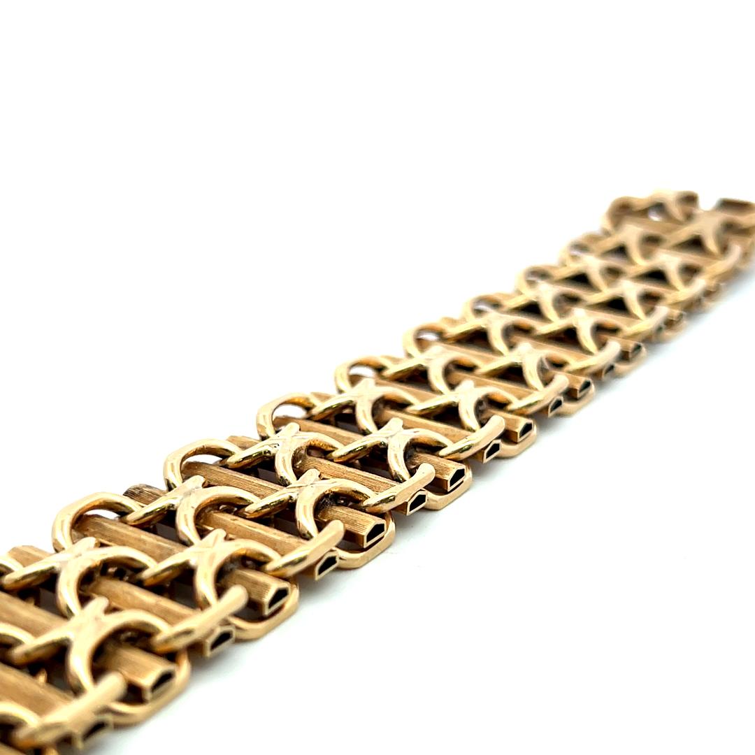 Vintage Fancy 14 Karat Yellow Gold Wide X-Link Bracelet 84.6 Grams