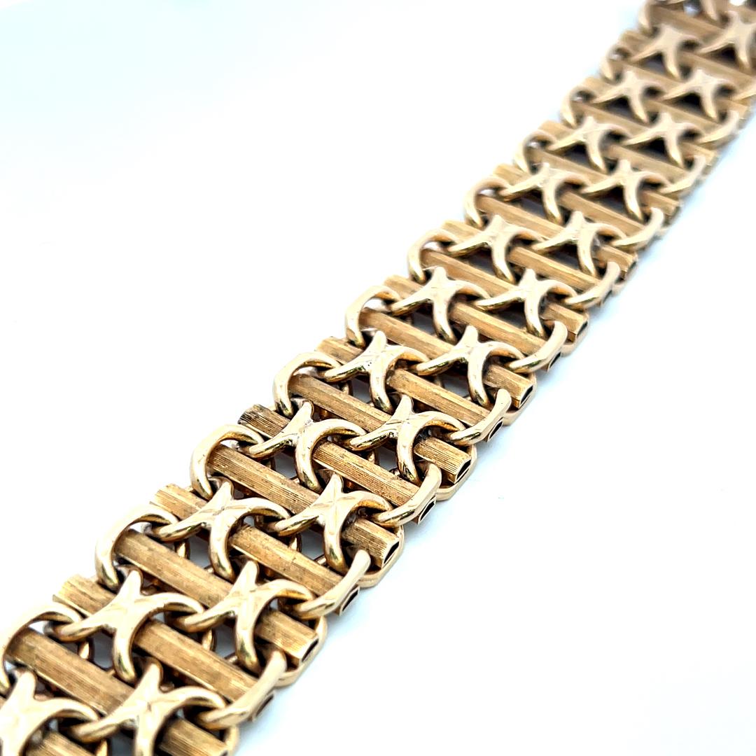 Vintage Fancy 14 Karat Yellow Gold Wide X-Link Bracelet 84.6 Grams