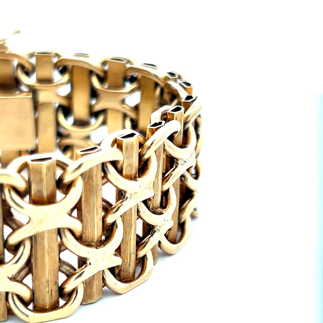 Vintage Fancy 14 Karat Yellow Gold Wide X-Link Bracelet 84.6 Grams