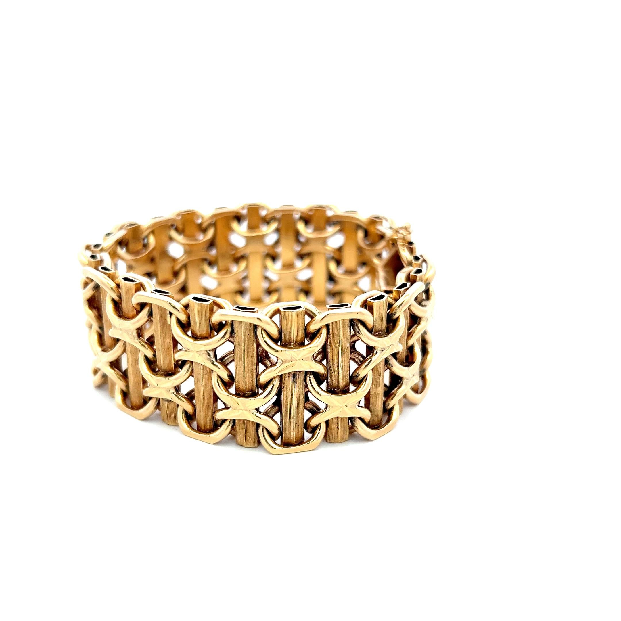 Vintage Fancy 14 Karat Yellow Gold Wide X-Link Bracelet 84.6 Grams