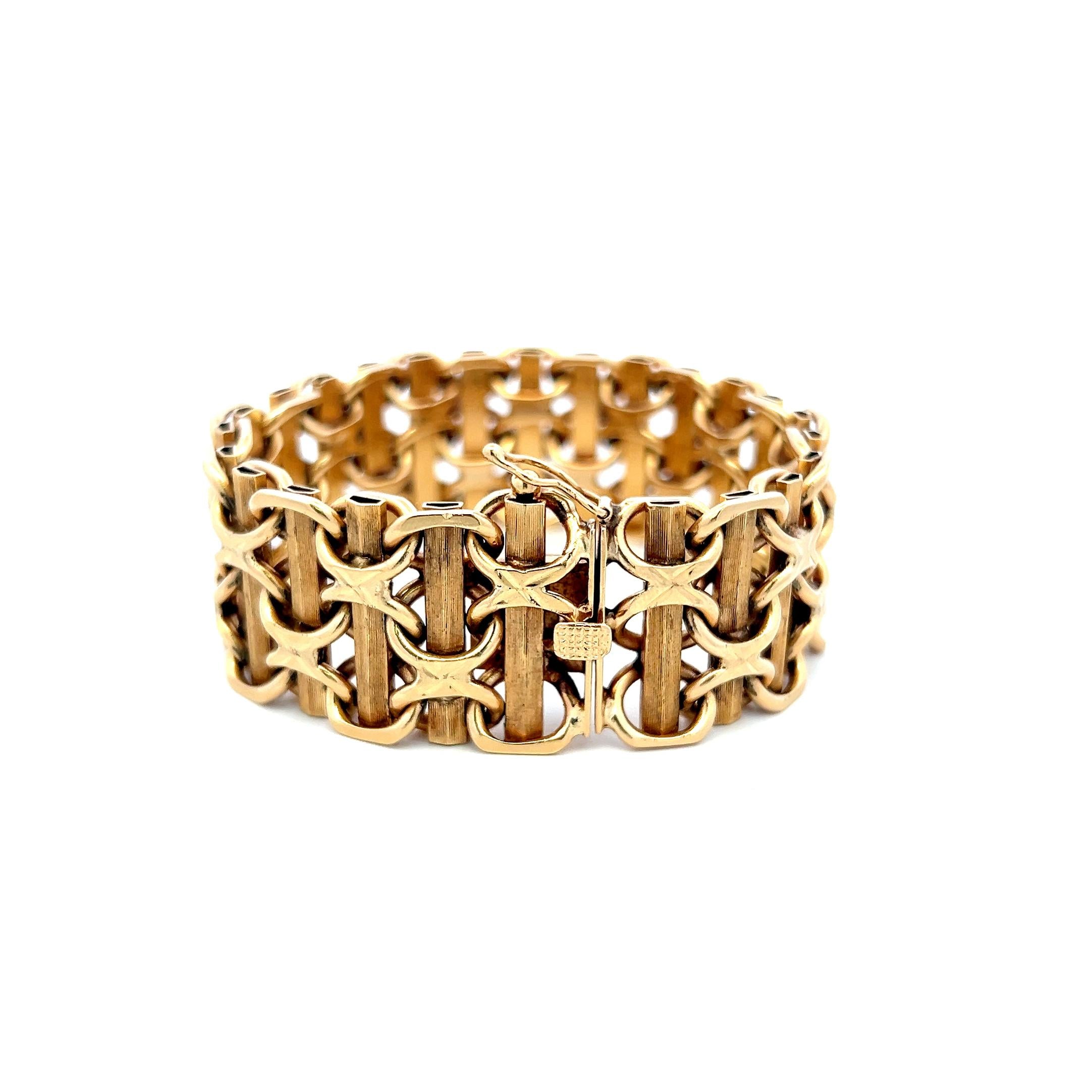 Vintage Fancy 14 Karat Yellow Gold Wide X-Link Bracelet 84.6 Grams