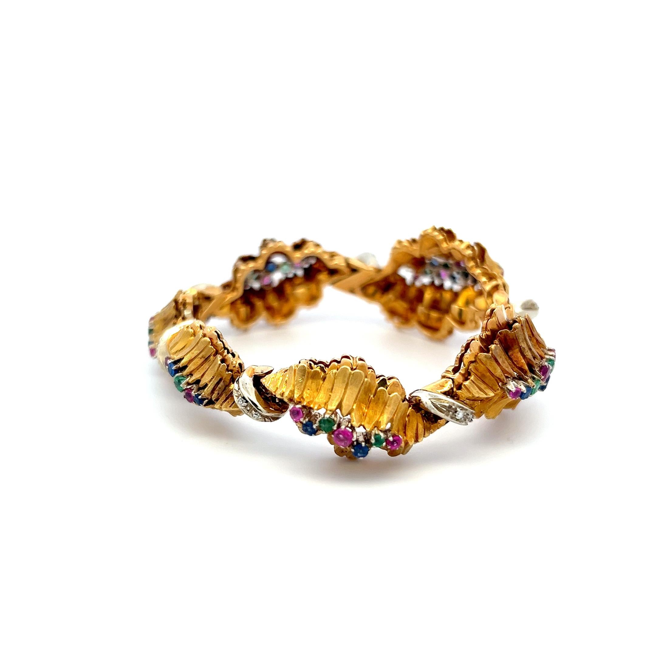 18K YG Link Bracelet with 0.09 Carat Round I-SI Diamonds & Multi-Gemstones
