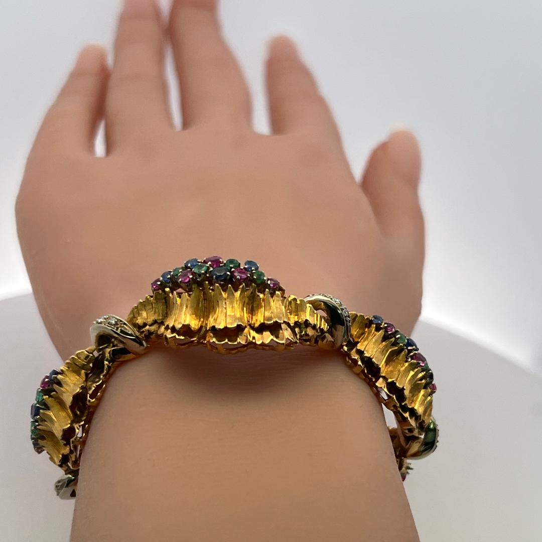 18K YG Link Bracelet with 0.09 Carat Round I-SI Diamonds & Multi-Gemstones