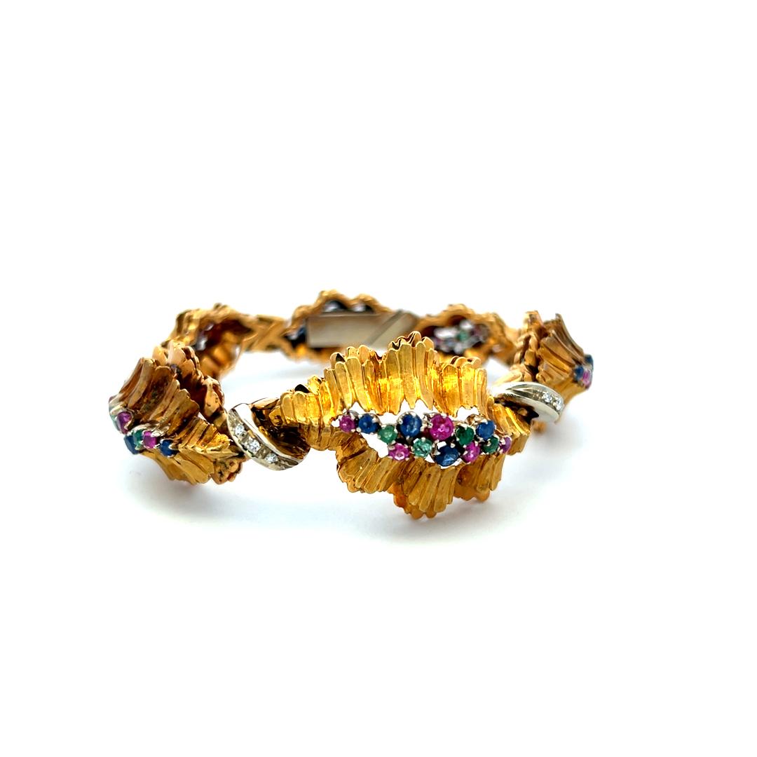 18K YG Link Bracelet with 0.09 Carat Round I-SI Diamonds & Multi-Gemstones