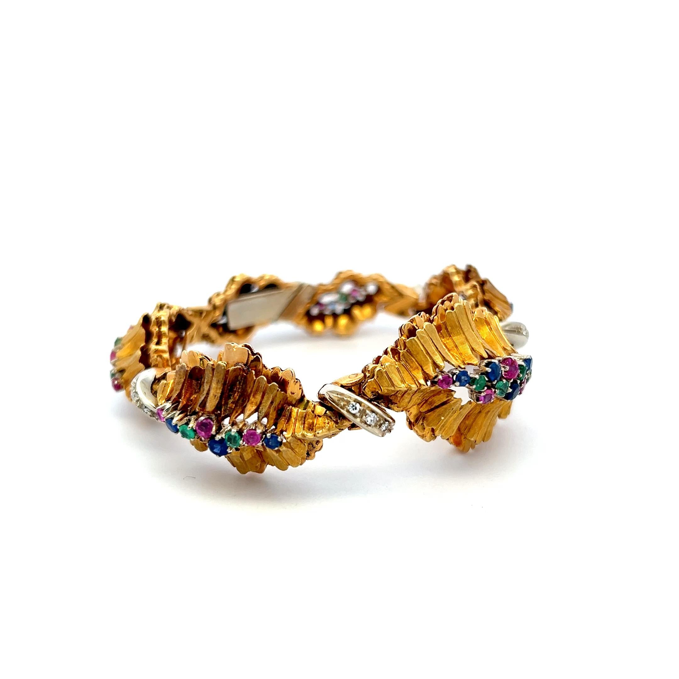 18K YG Link Bracelet with 0.09 Carat Round I-SI Diamonds & Multi-Gemstones