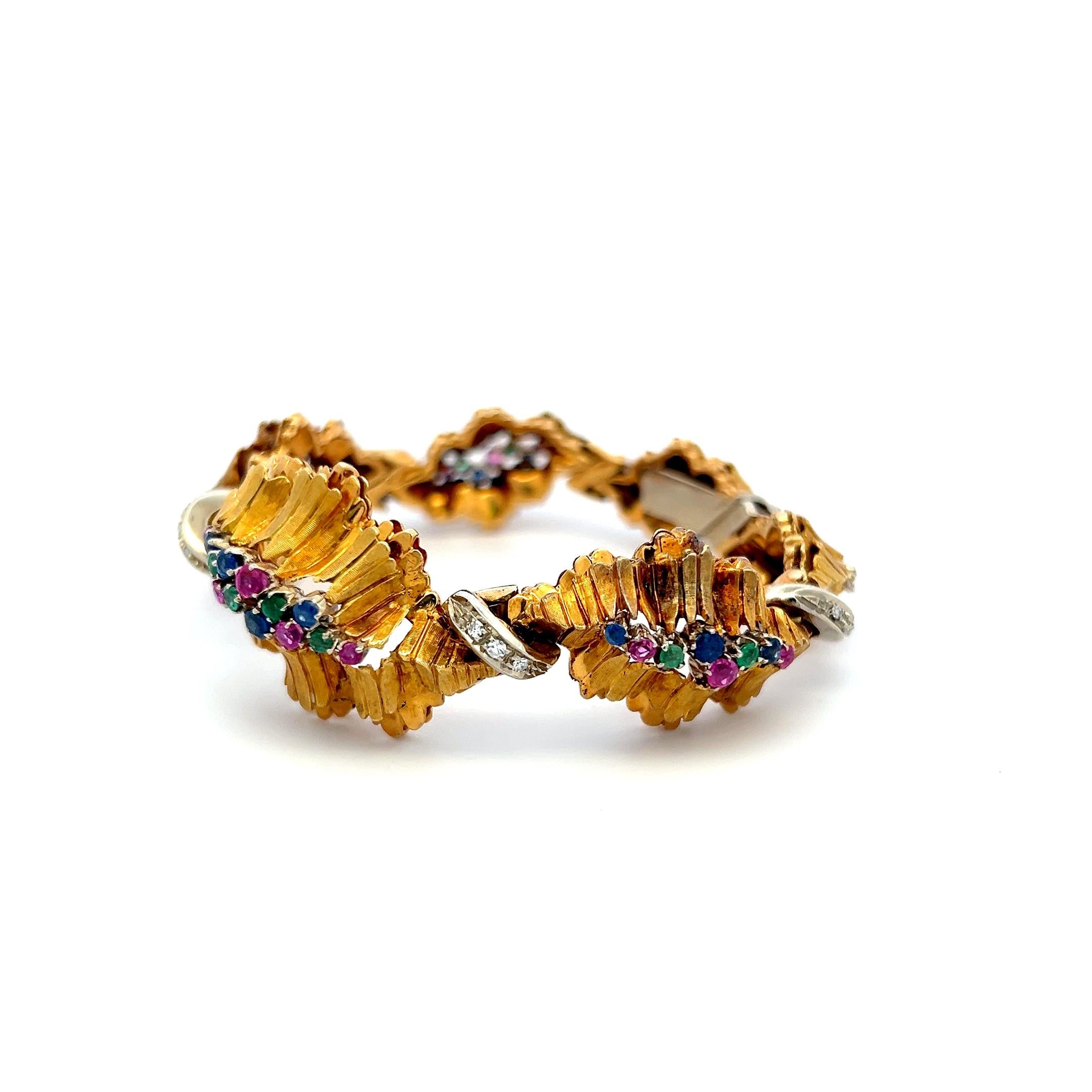 18K YG Link Bracelet with 0.09 Carat Round I-SI Diamonds & Multi-Gemstones