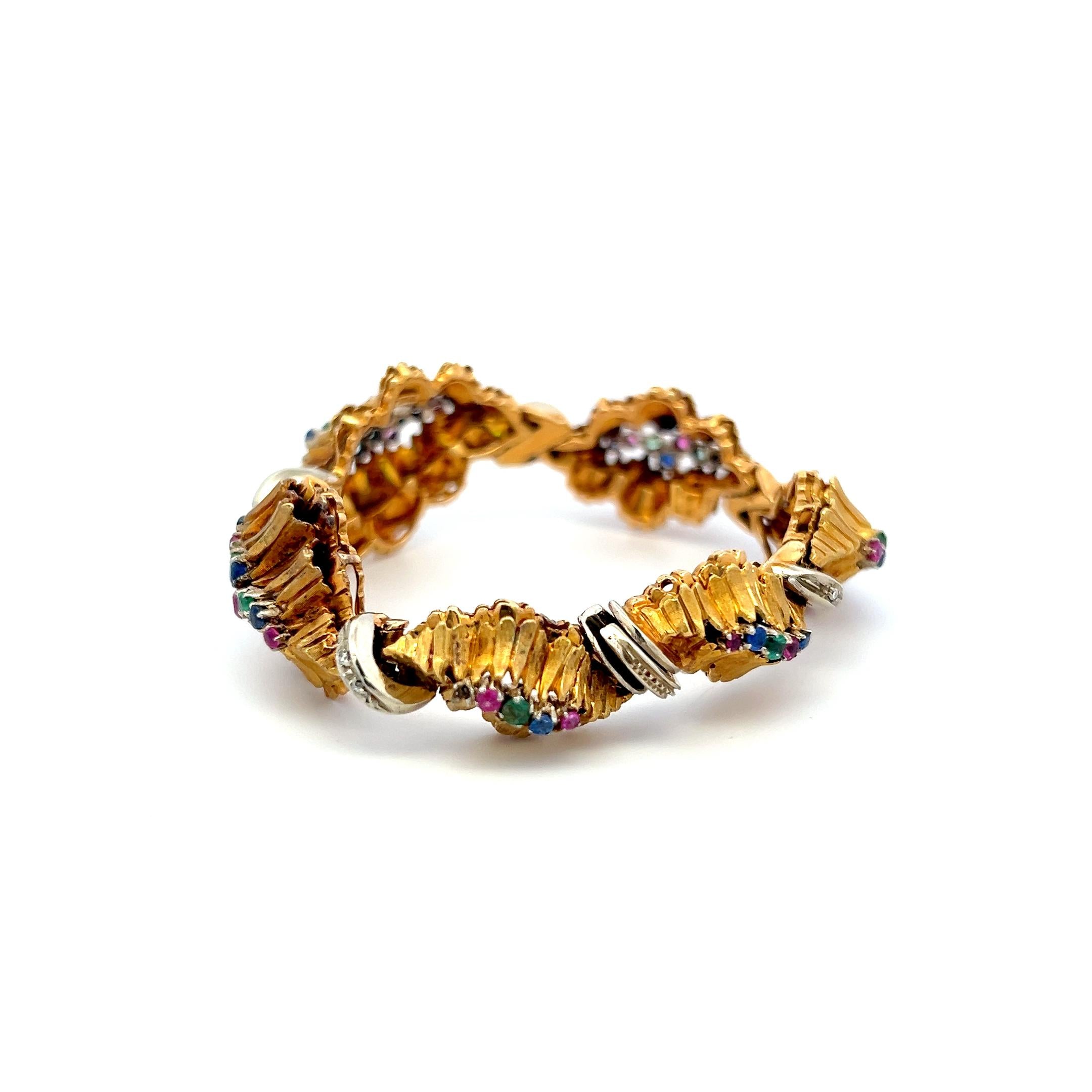 18K YG Link Bracelet with 0.09 Carat Round I-SI Diamonds & Multi-Gemstones