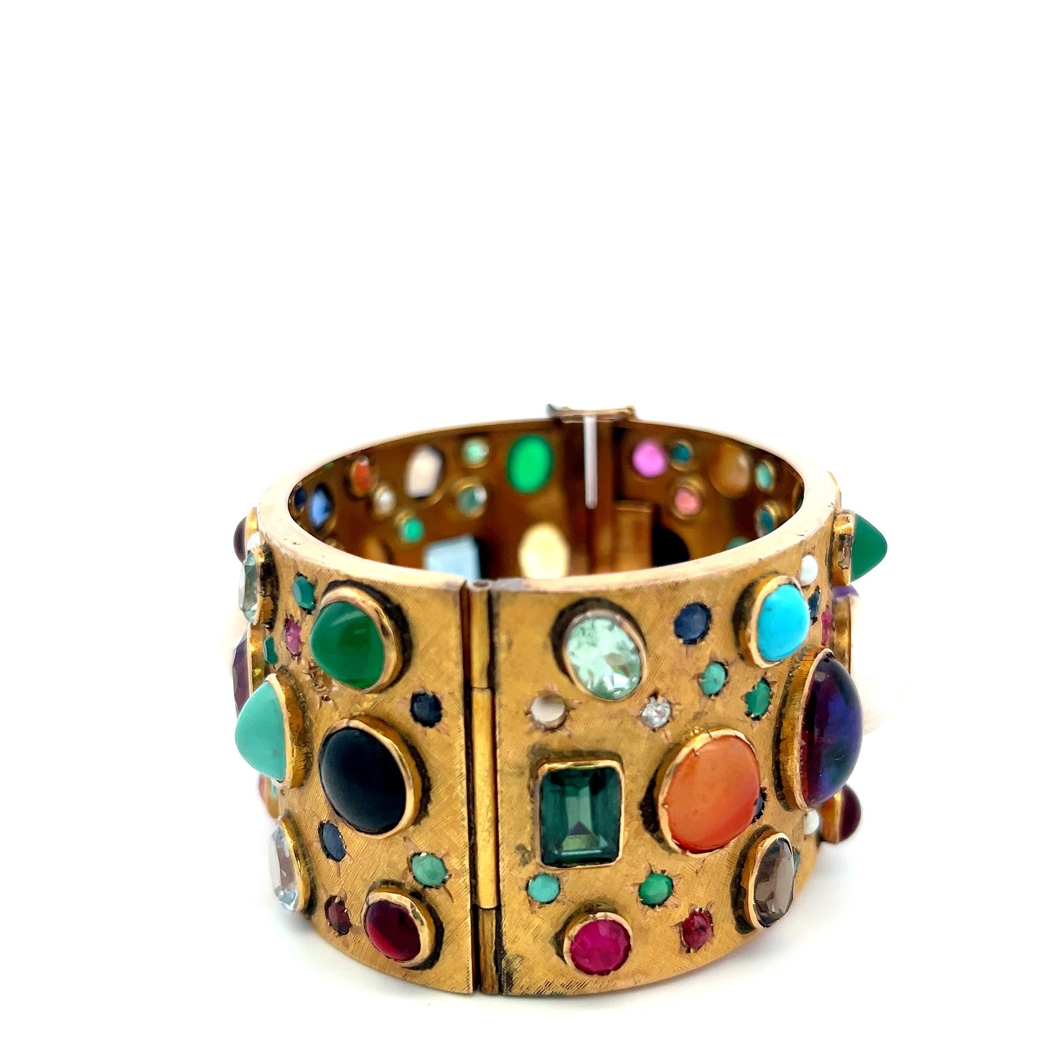 Vintage 14K YG Bangle Bracelet with 2.5-14 MM Multi-Gemstones 69.5 Grams