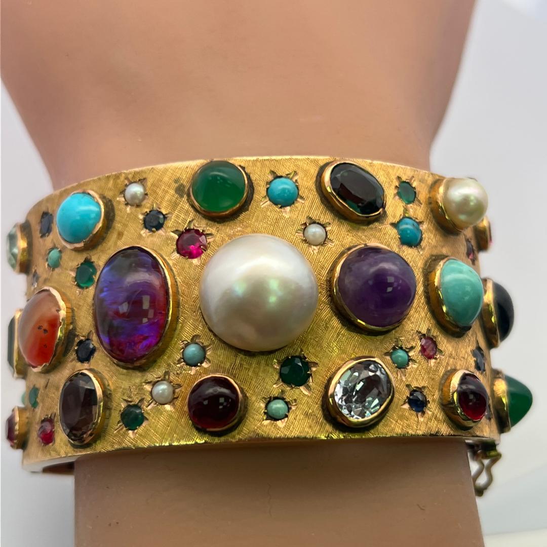 Vintage 14K YG Bangle Bracelet with 2.5-14 MM Multi-Gemstones 69.5 Grams