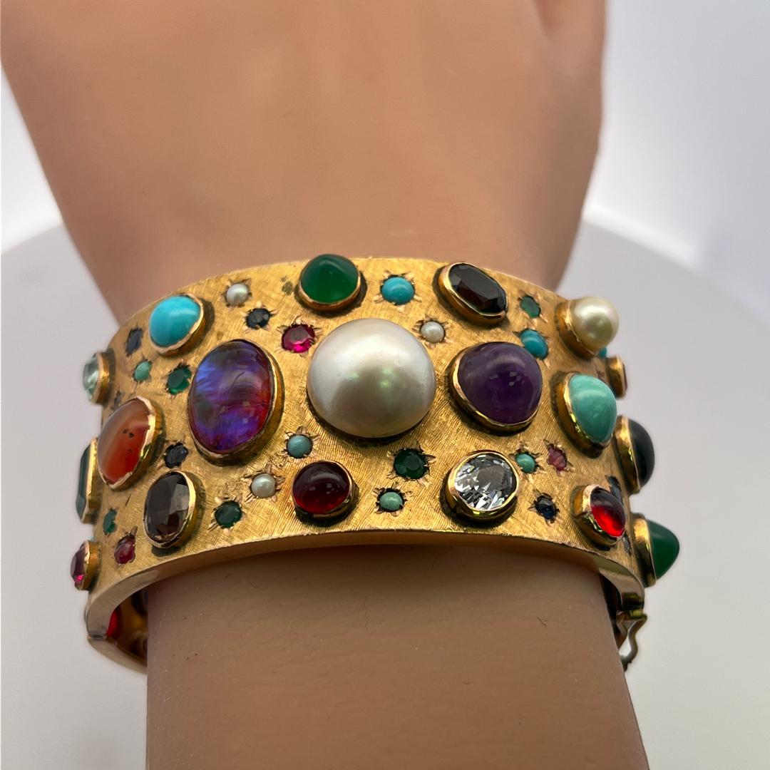 Vintage 14K YG Bangle Bracelet with 2.5-14 MM Multi-Gemstones 69.5 Grams