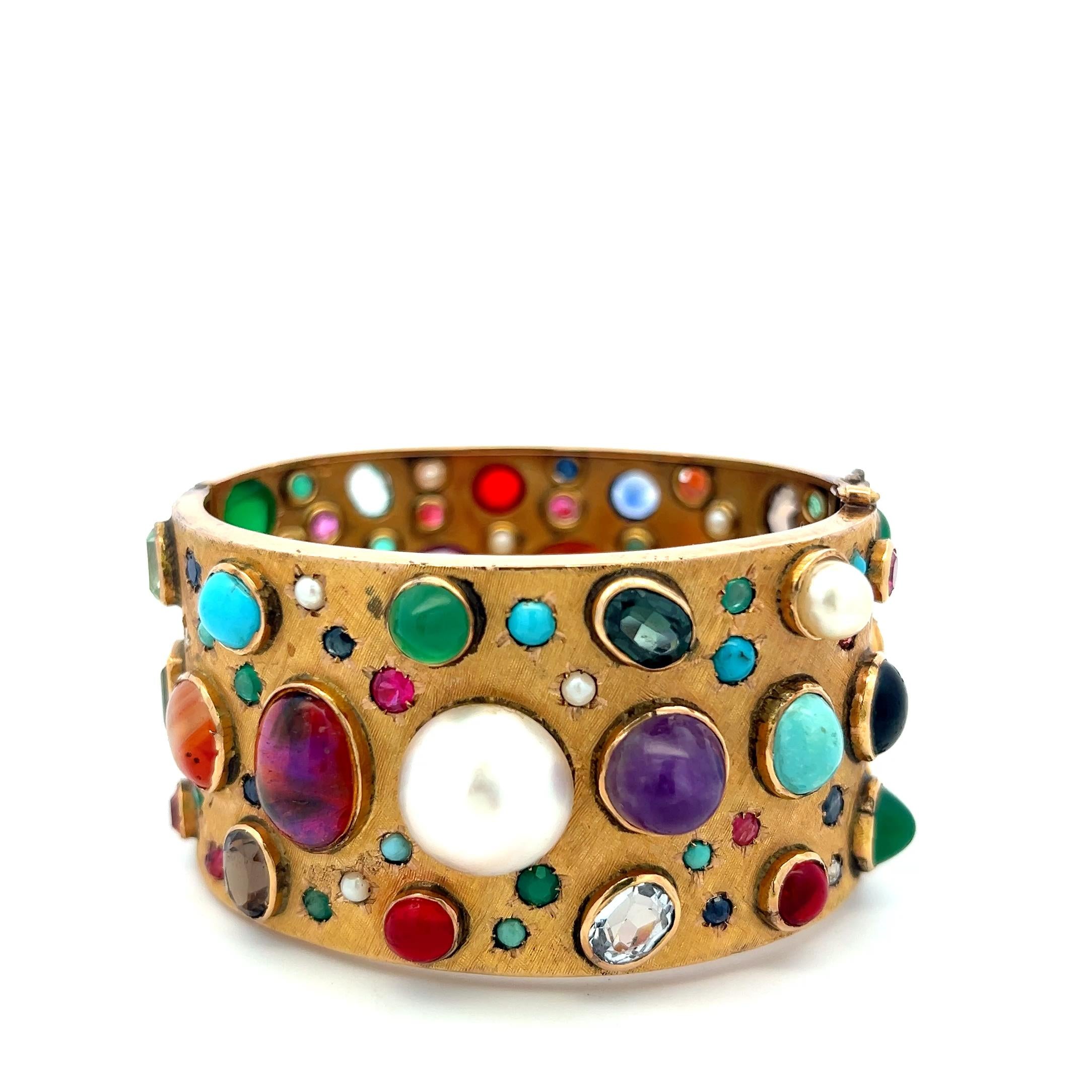 Vintage 14K YG Bangle Bracelet with 2.5-14 MM Multi-Gemstones 69.5 Grams