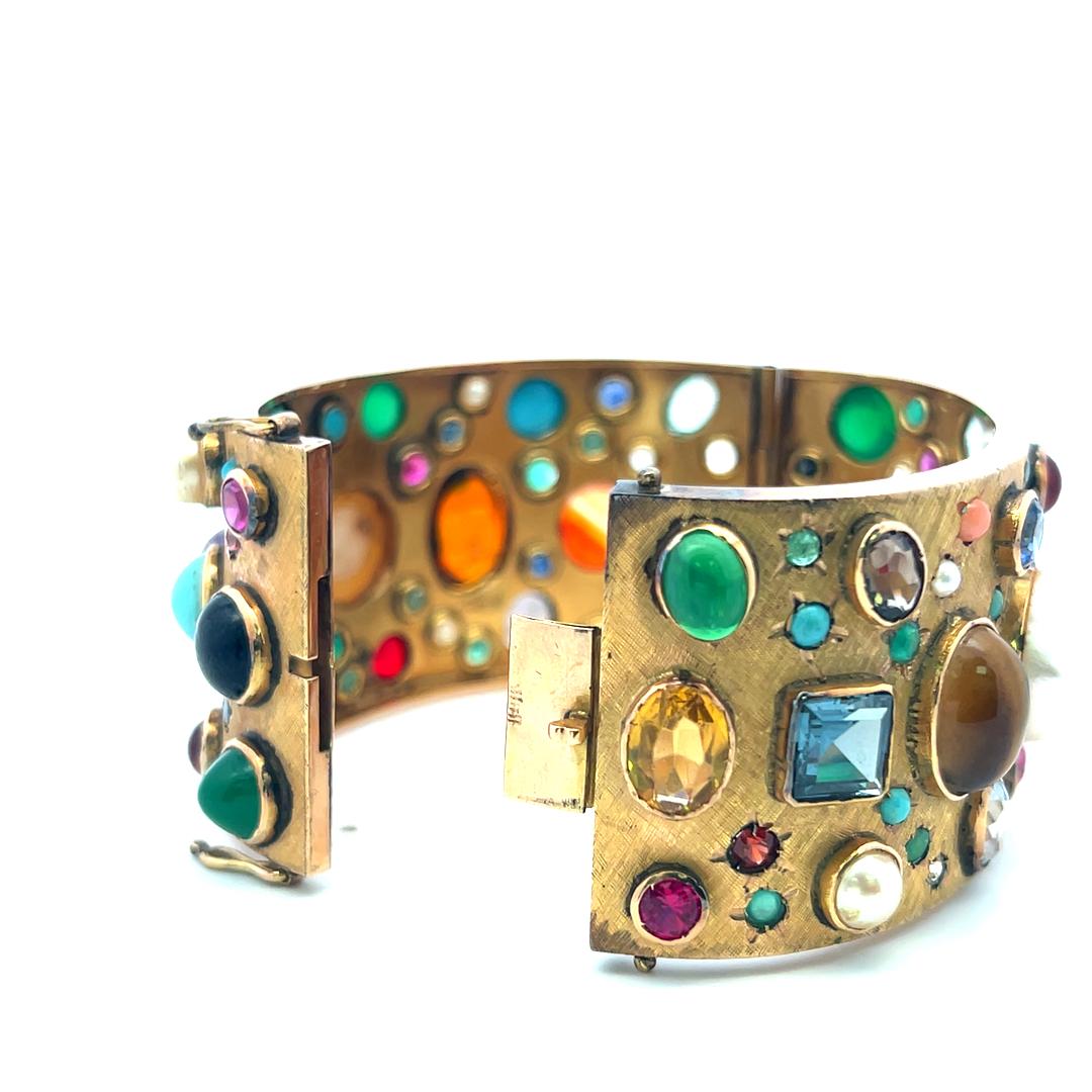 Vintage 14K YG Bangle Bracelet with 2.5-14 MM Multi-Gemstones 69.5 Grams