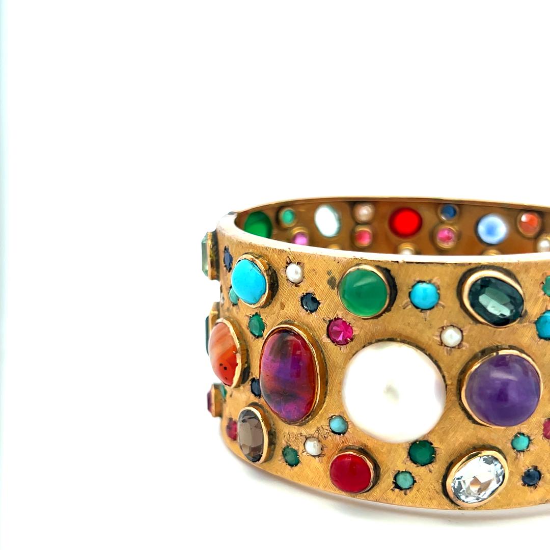 Vintage 14K YG Bangle Bracelet with 2.5-14 MM Multi-Gemstones 69.5 Grams