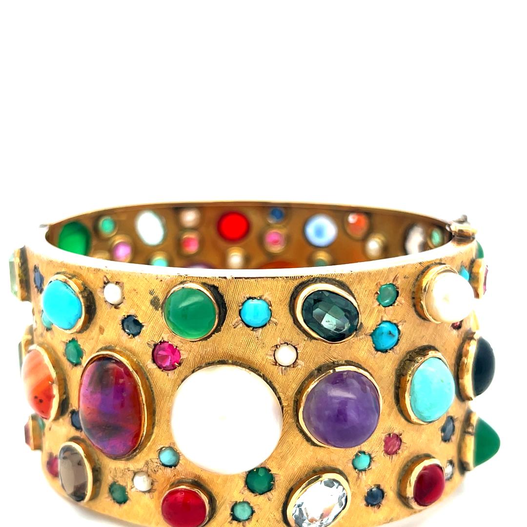 Vintage 14K YG Bangle Bracelet with 2.5-14 MM Multi-Gemstones 69.5 Grams