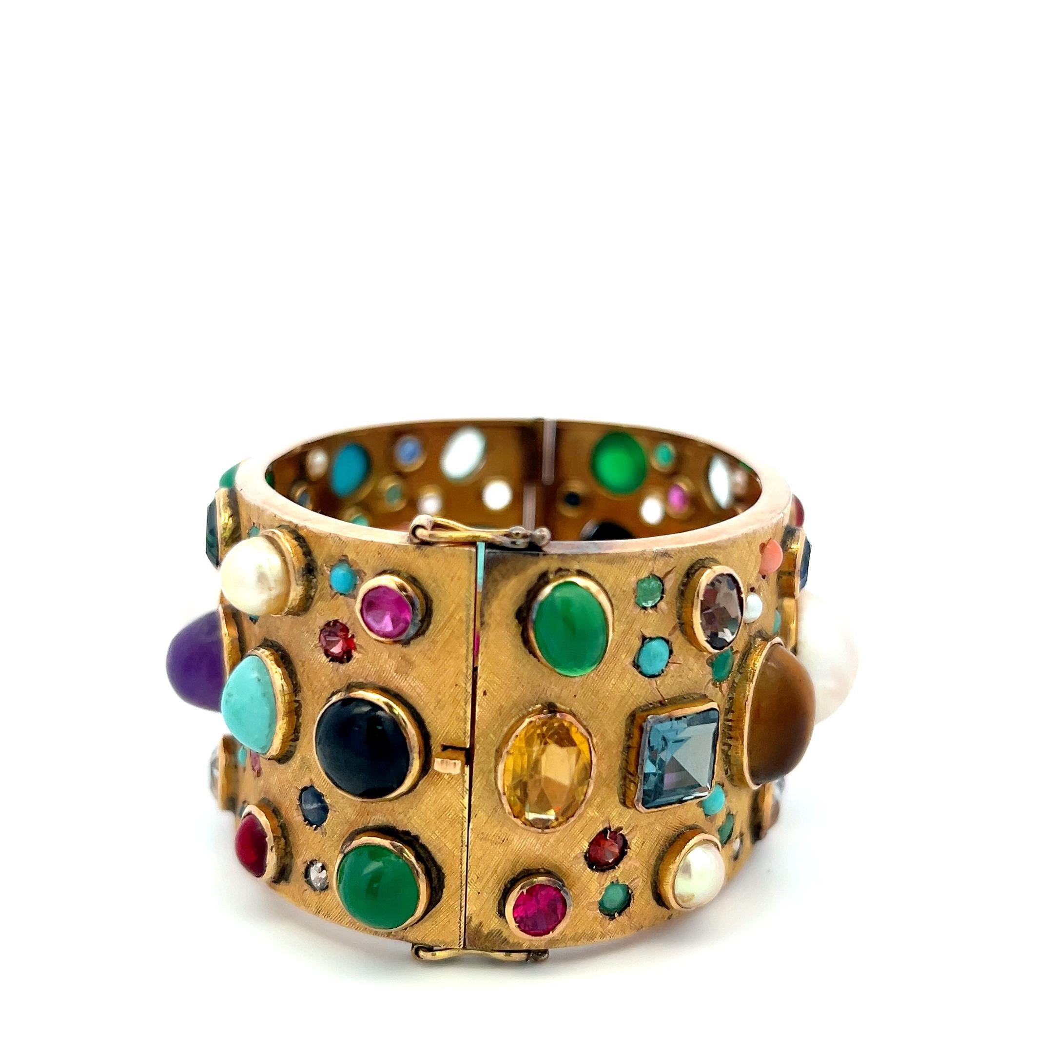 Vintage 14K YG Bangle Bracelet with 2.5-14 MM Multi-Gemstones 69.5 Grams