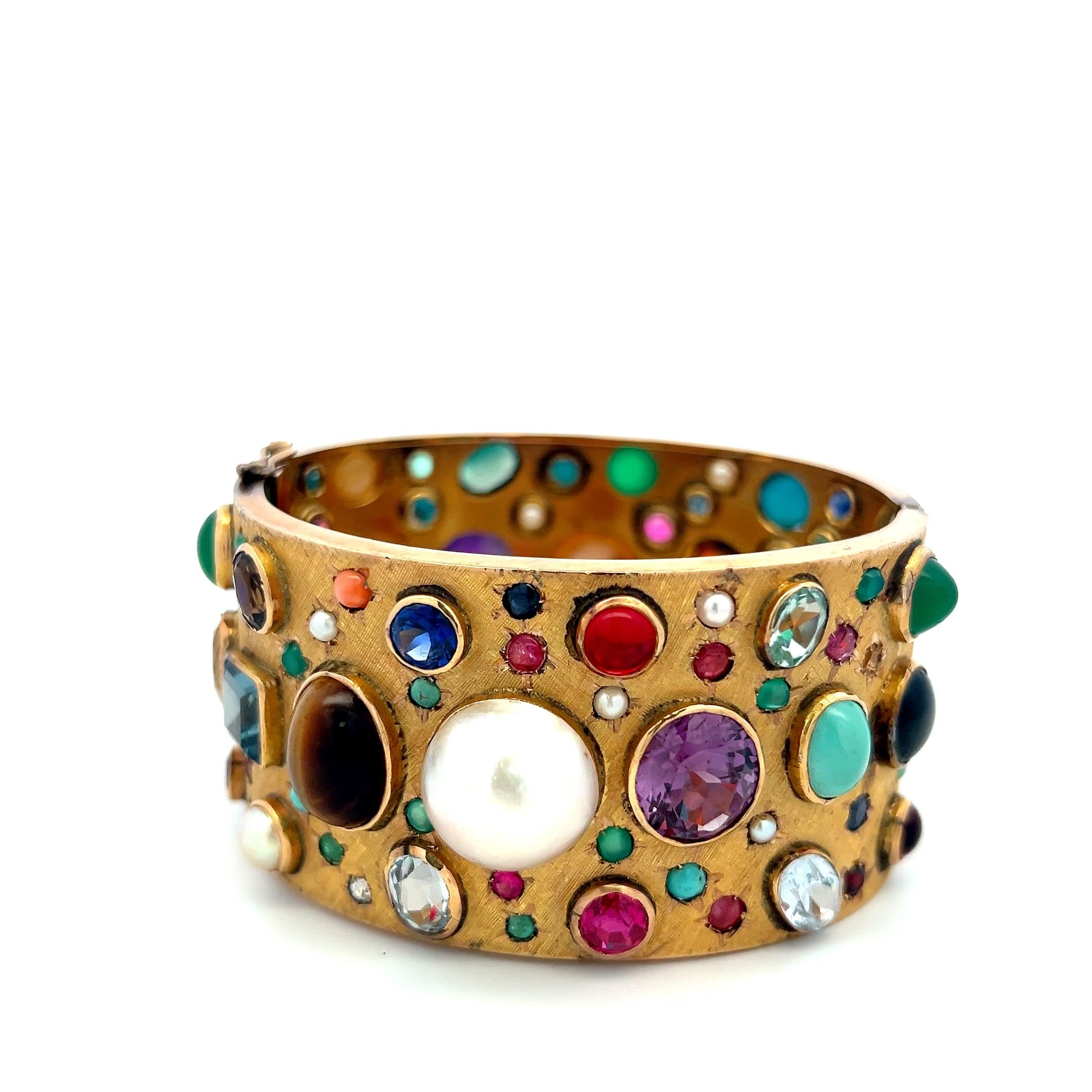 Vintage 14K YG Bangle Bracelet with 2.5-14 MM Multi-Gemstones 69.5 Grams