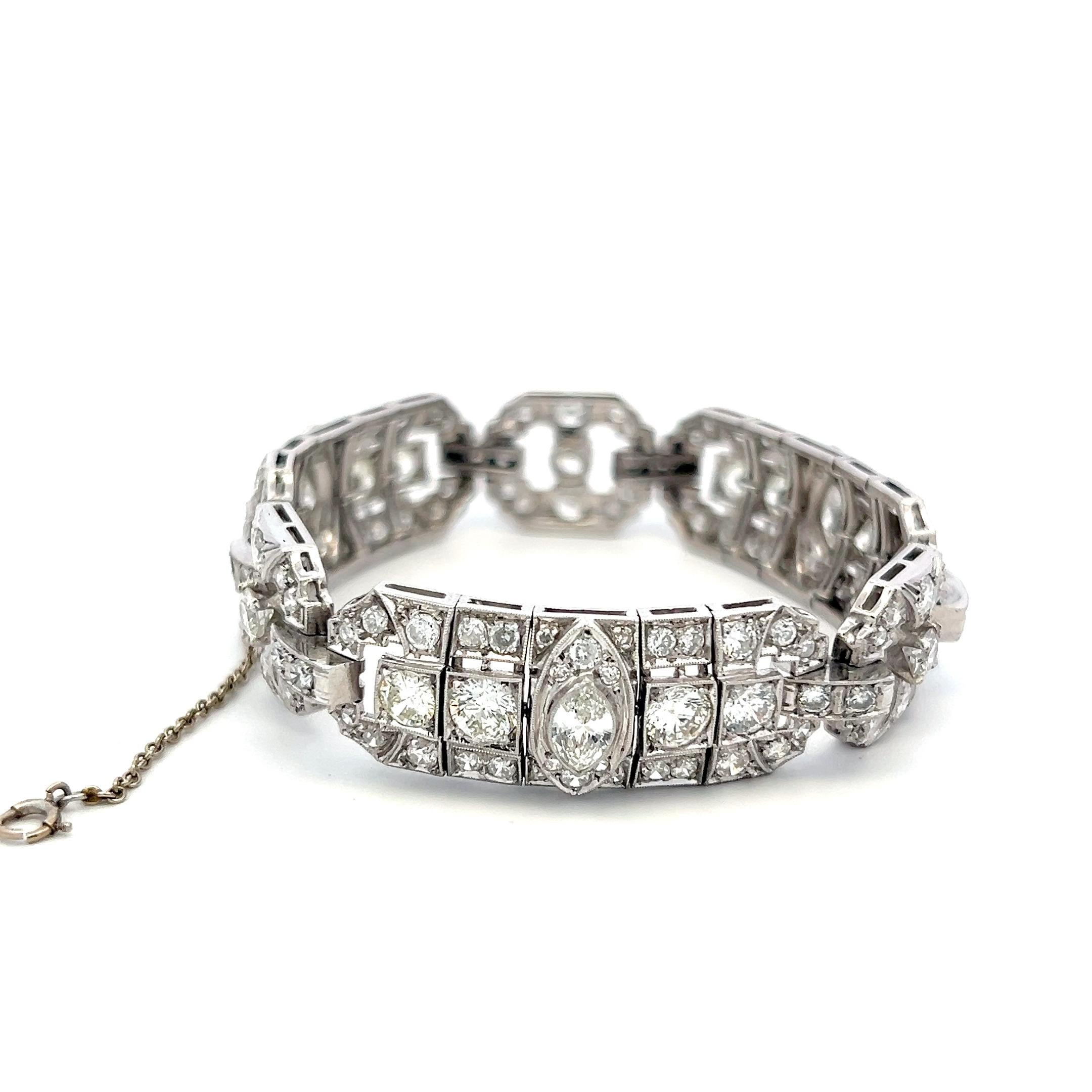 Platinum Art-Deco Bracelet with 10 Carat Mixed Cut F-VS Diamonds 6.25 Inch