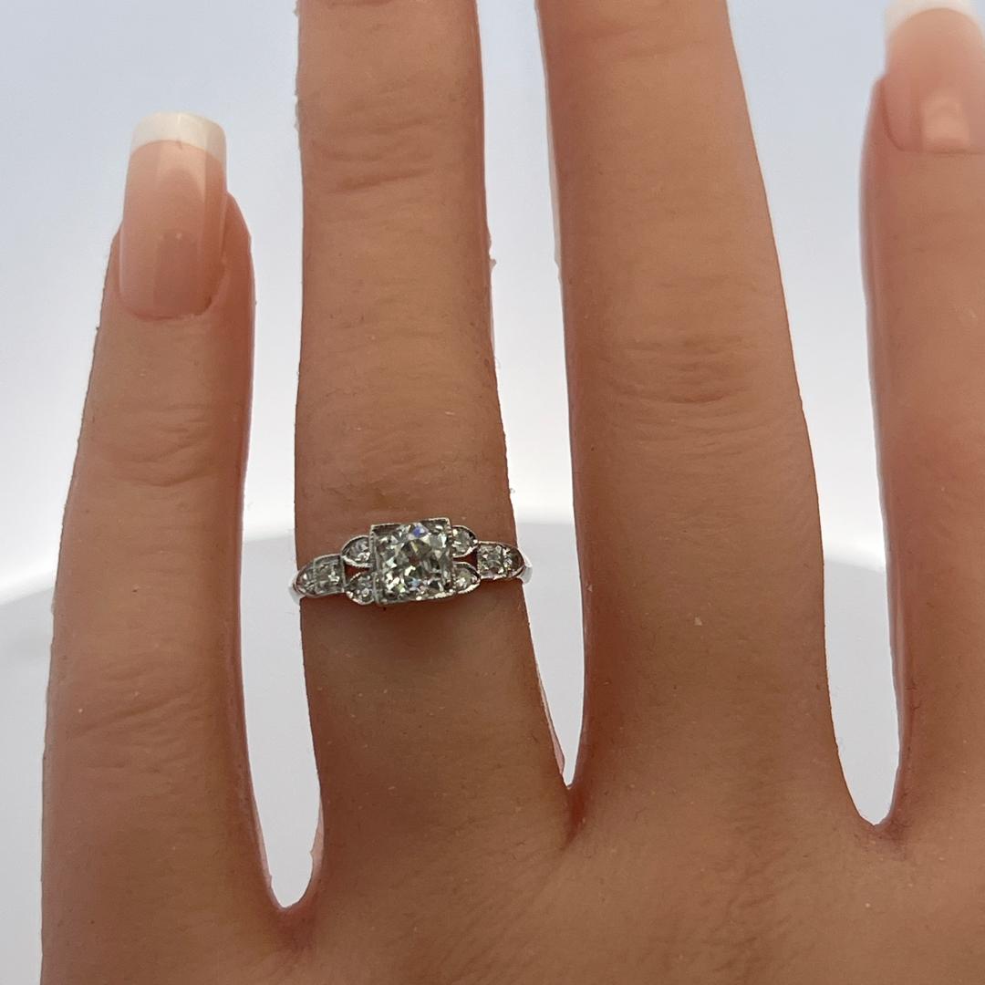 Vintage Platinum Art Deco Ring with 0.7 Ct Old European Cut Diamonds Size 5.25