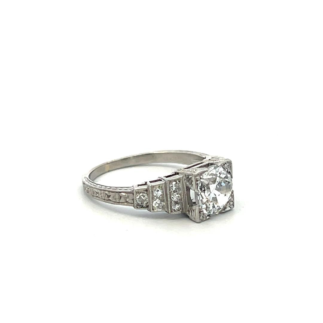 Platinum Art Deco Ring with 1.34 Carat Circular Cut Diamonds Size 5.5 G-I1 GIA
