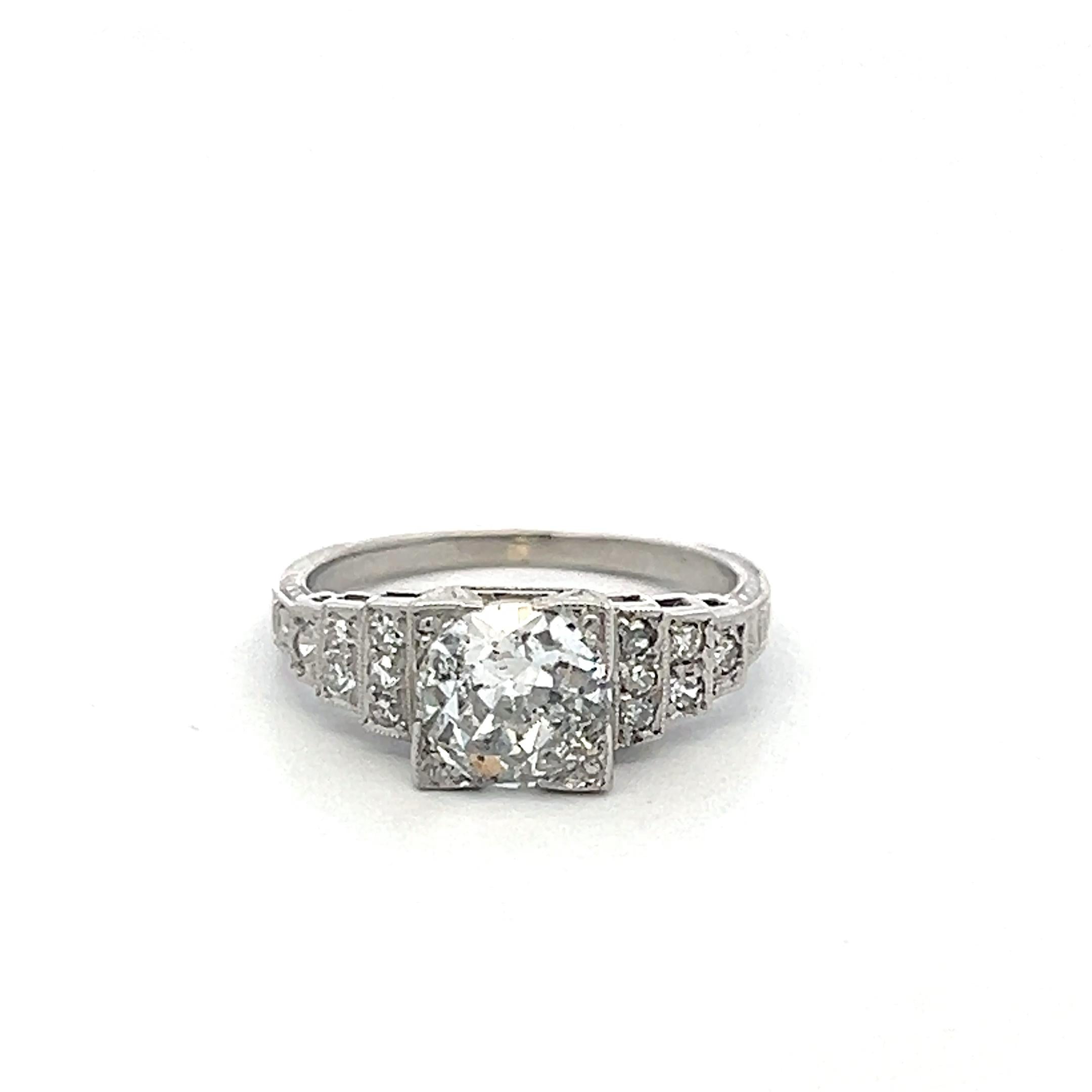 Platinum Art Deco Ring with 1.34 Carat Circular Cut Diamonds Size 5.5 G-I1 GIA