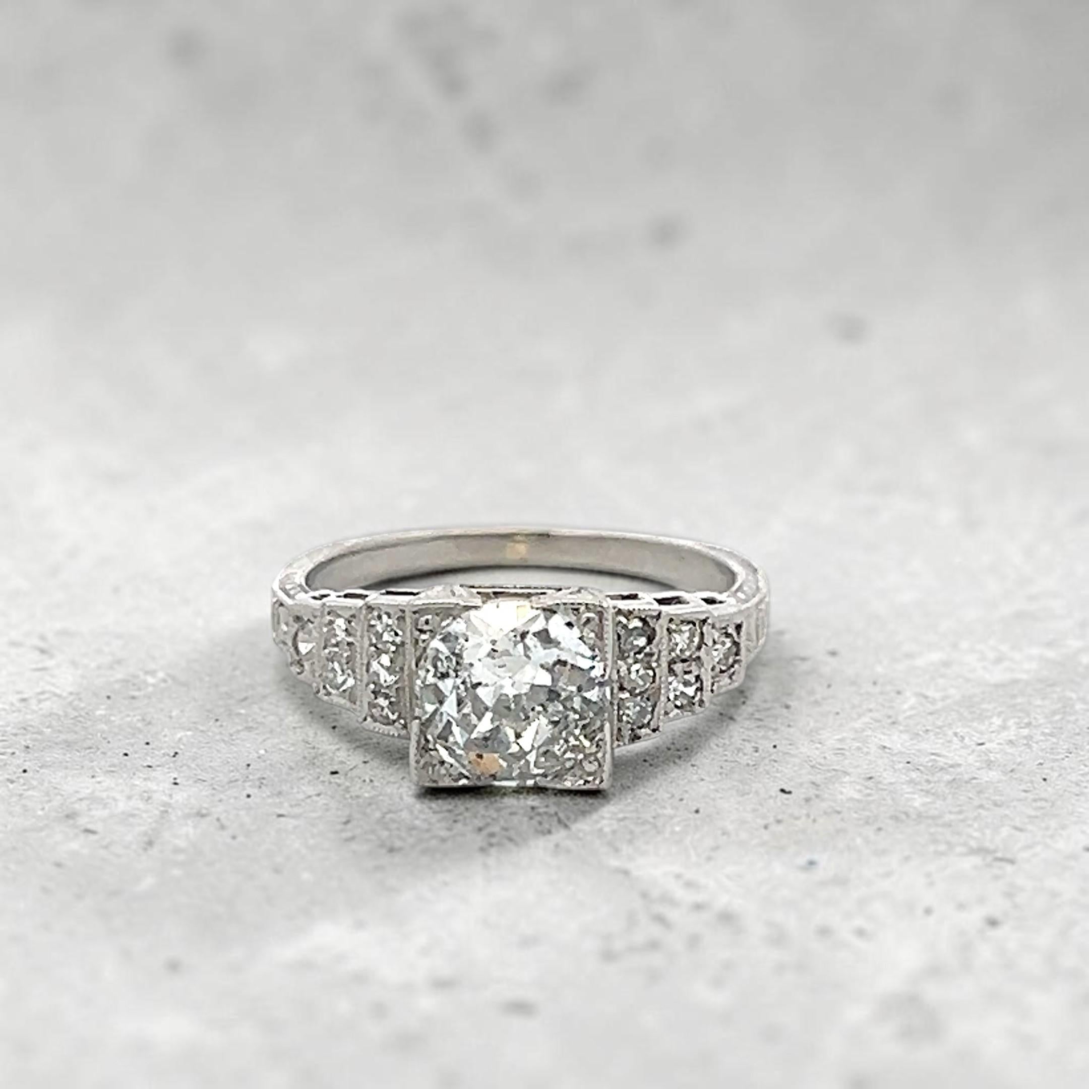 Platinum Art Deco Ring with 1.34 Carat Circular Cut Diamonds Size 5.5 G-I1 GIA