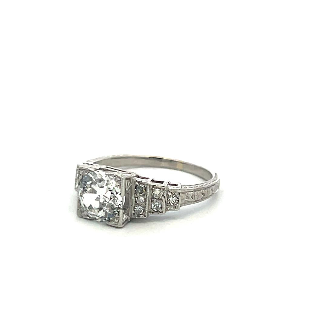 Platinum Art Deco Ring with 1.34 Carat Circular Cut Diamonds Size 5.5 G-I1 GIA
