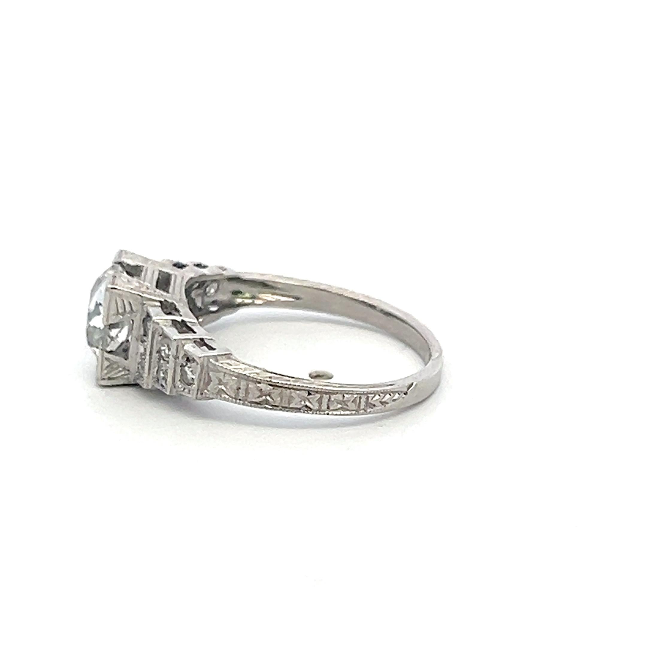 Platinum Art Deco Ring with 1.34 Carat Circular Cut Diamonds Size 5.5 G-I1 GIA