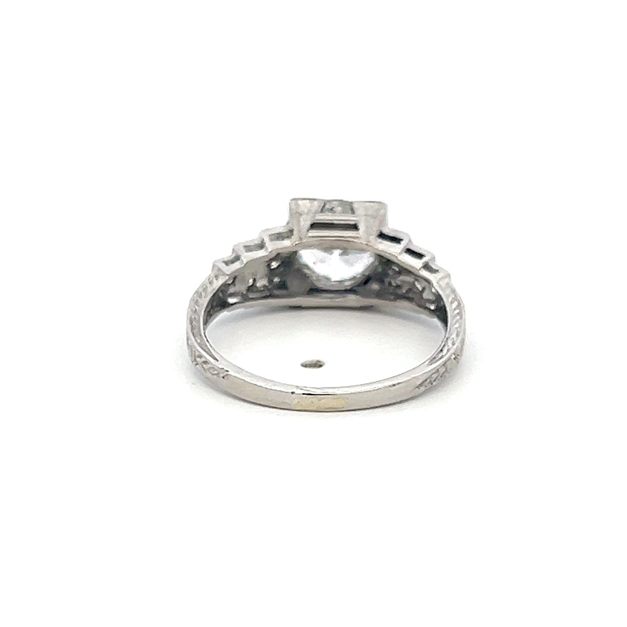 Platinum Art Deco Ring with 1.34 Carat Circular Cut Diamonds Size 5.5 G-I1 GIA