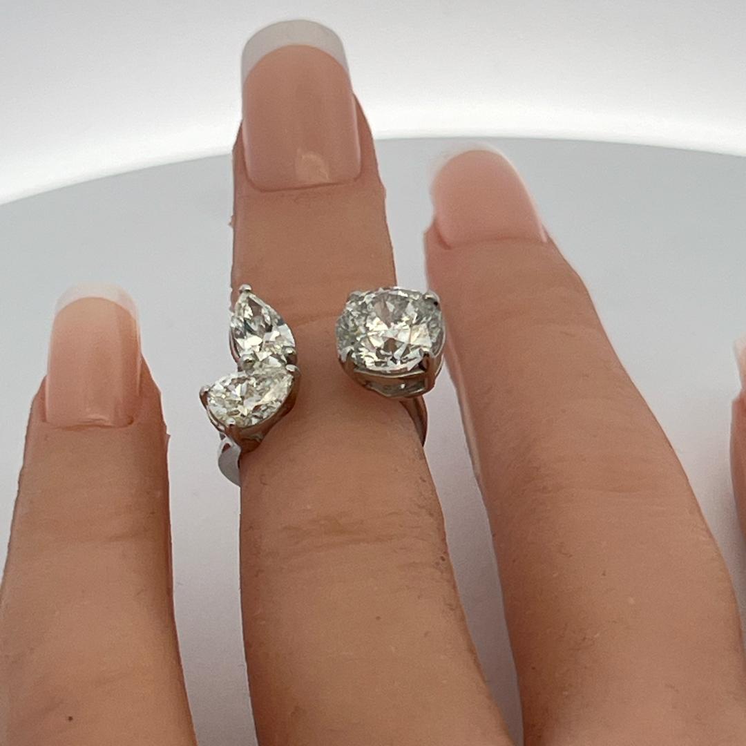 Estate Platinum Three-Stone Cocktail Ring with 3.62 Ct Round & Pear Diamonds GIA
