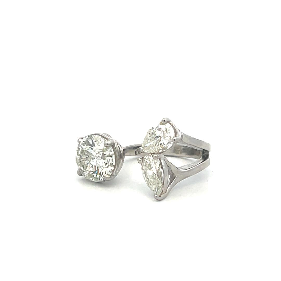 Estate Platinum Three-Stone Cocktail Ring with 3.62 Ct Round & Pear Diamonds GIA