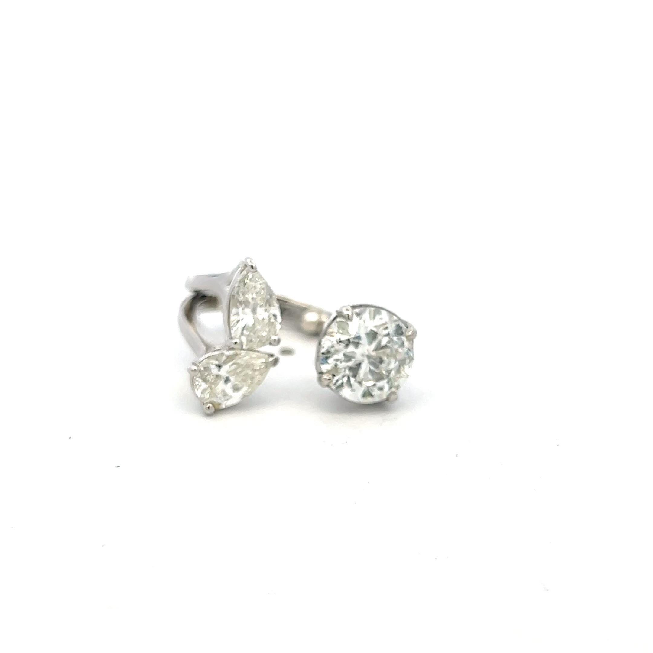 Estate Platinum Three-Stone Cocktail Ring with 3.62 Ct Round & Pear Diamonds GIA
