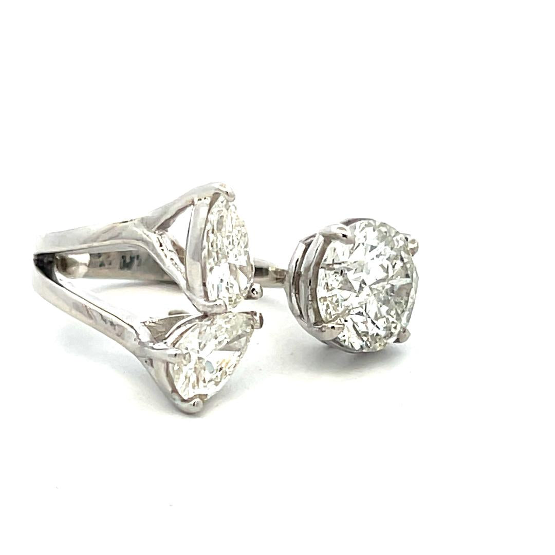 Estate Platinum Three-Stone Cocktail Ring with 3.62 Ct Round & Pear Diamonds GIA