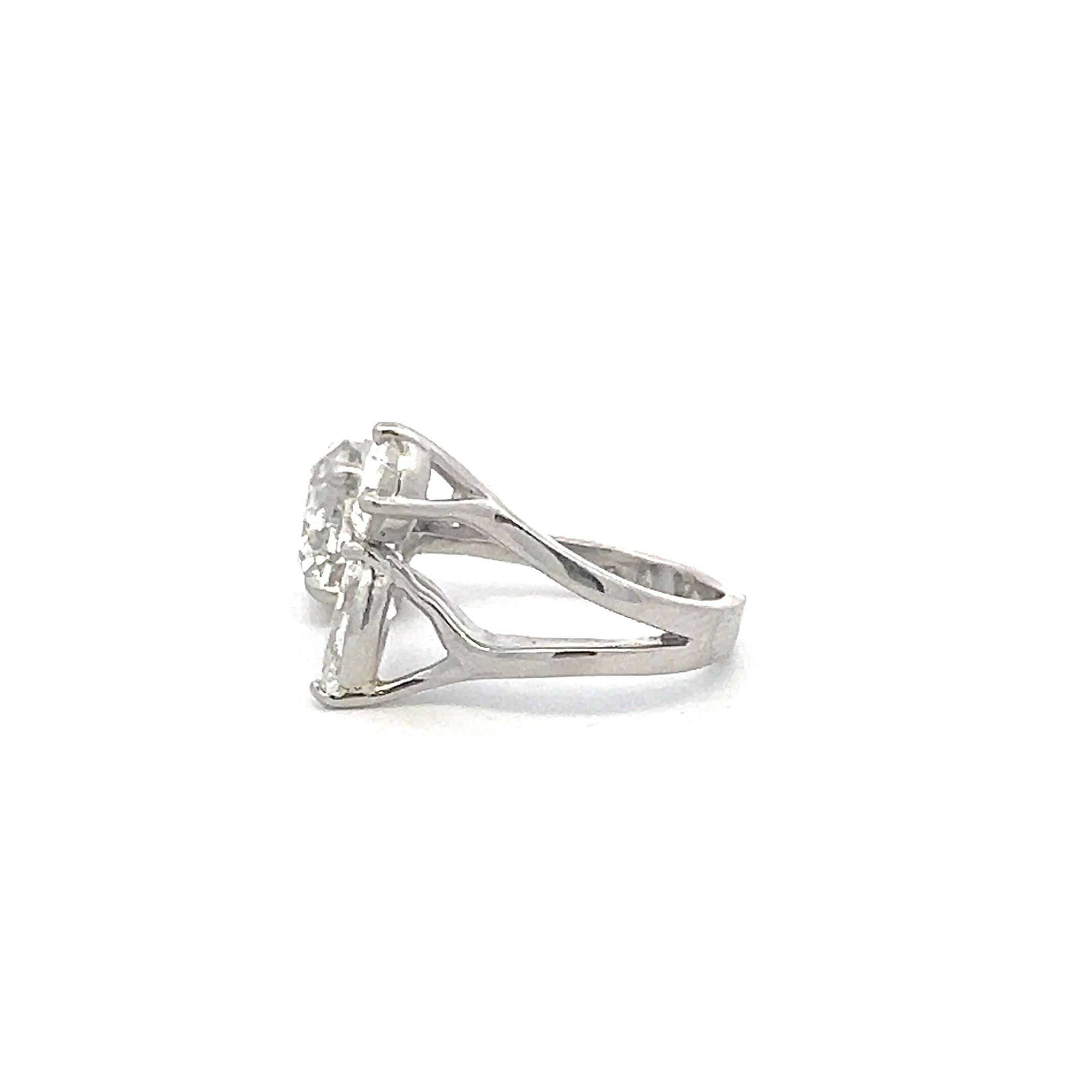Estate Platinum Three-Stone Cocktail Ring with 3.62 Ct Round & Pear Diamonds GIA