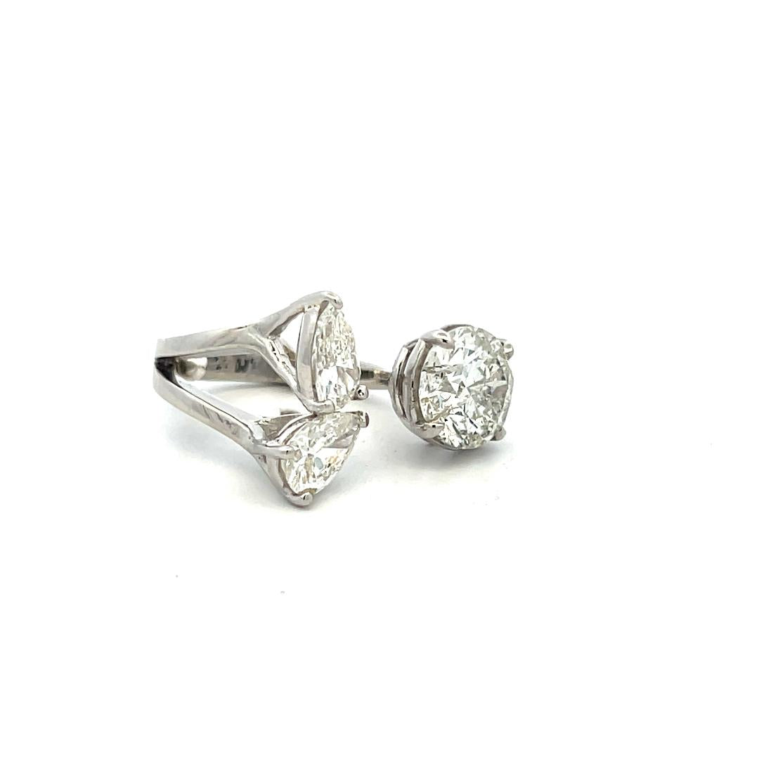 Estate Platinum Three-Stone Cocktail Ring with 3.62 Ct Round & Pear Diamonds GIA