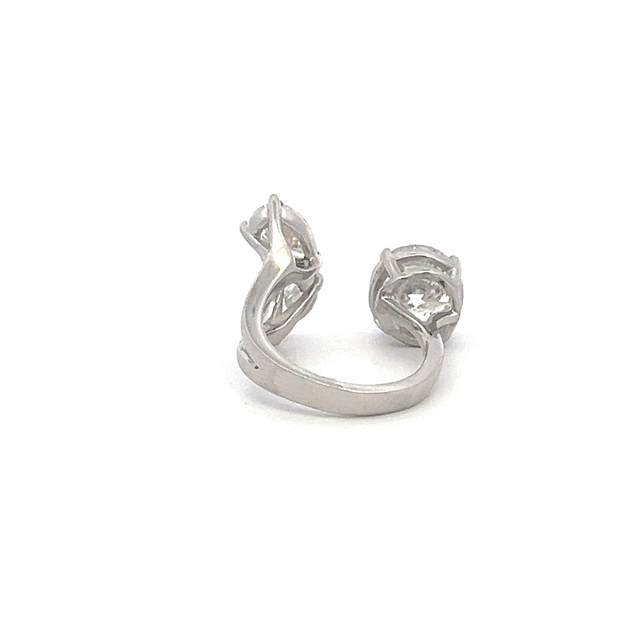 Estate Platinum Three-Stone Cocktail Ring with 3.62 Ct Round & Pear Diamonds GIA