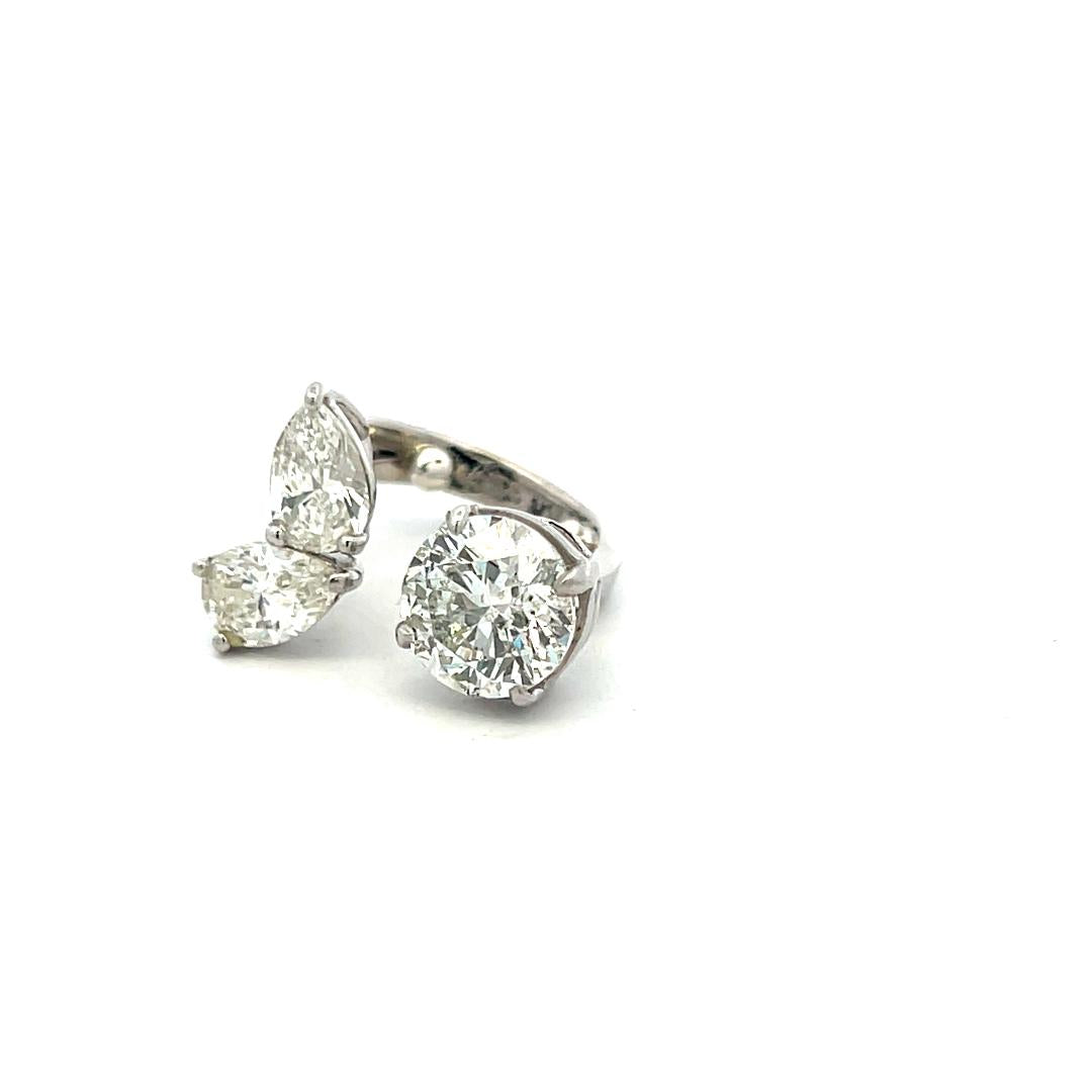 Estate Platinum Three-Stone Cocktail Ring with 3.62 Ct Round & Pear Diamonds GIA