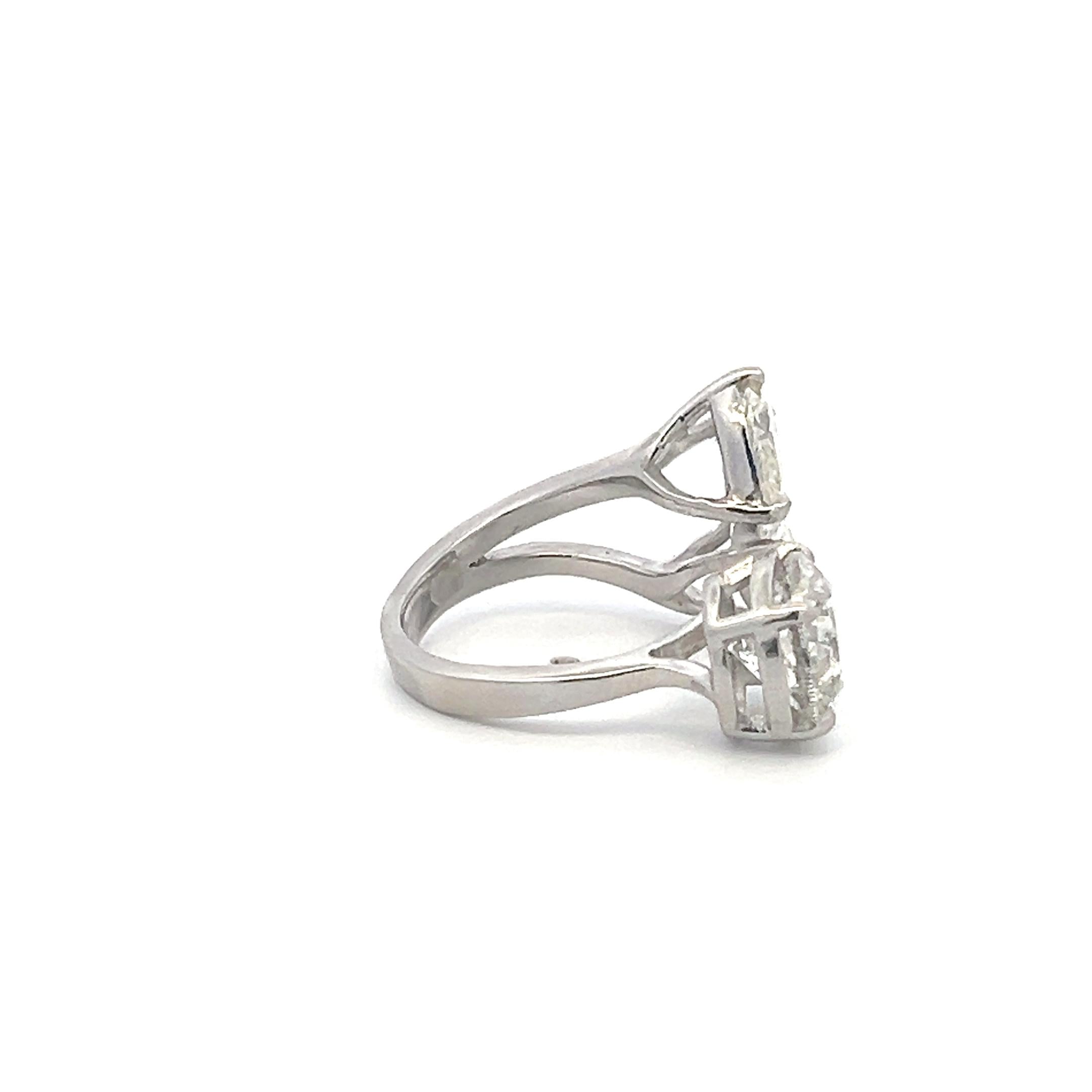 Estate Platinum Three-Stone Cocktail Ring with 3.62 Ct Round & Pear Diamonds GIA