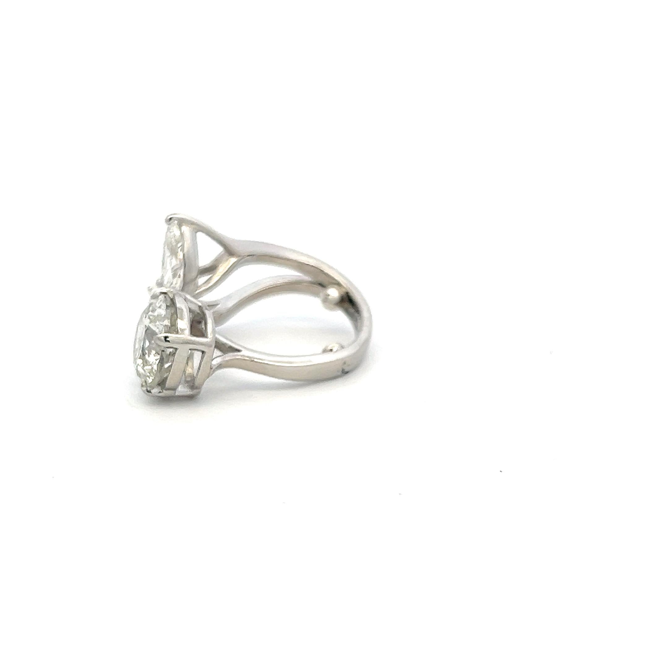 Estate Platinum Three-Stone Cocktail Ring with 3.62 Ct Round & Pear Diamonds GIA