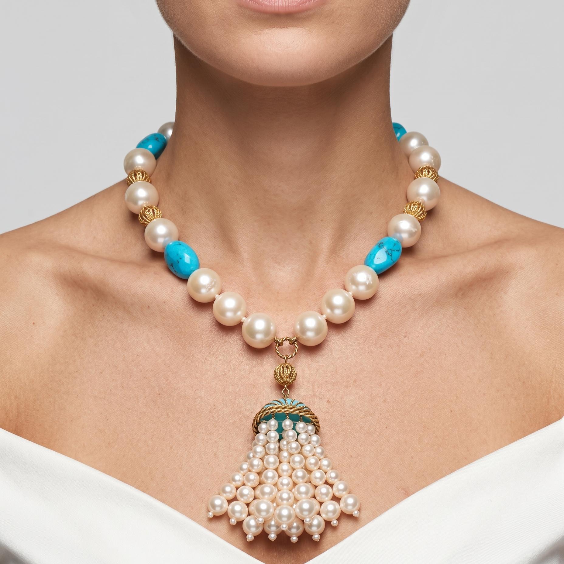 Judite Ripka 14K Yellow Gold Beaded Necklace with Pearls and Turquoise