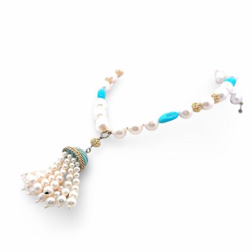 Judite Ripka 14K Yellow Gold Beaded Necklace with Pearls and Turquoise