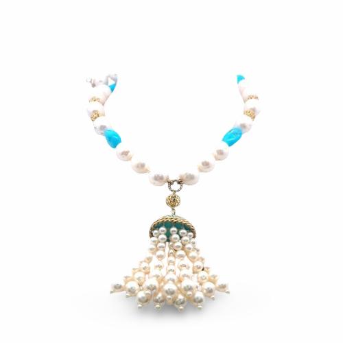 Judite Ripka 14K Yellow Gold Beaded Necklace with Pearls and Turquoise